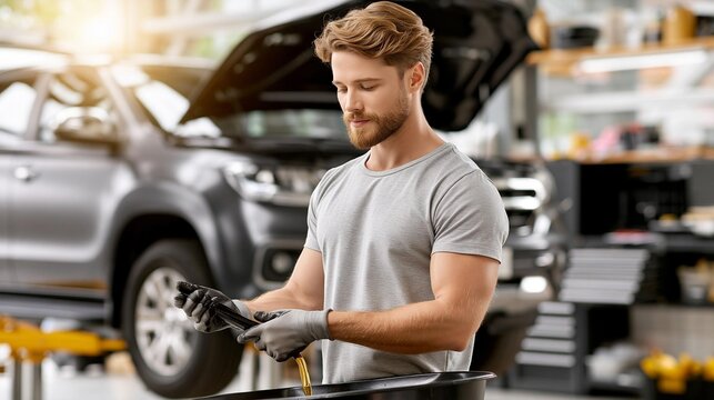 AI generator images of mechanic is performing an oil change on a car that has been lifted by a car jack in a repair shop.