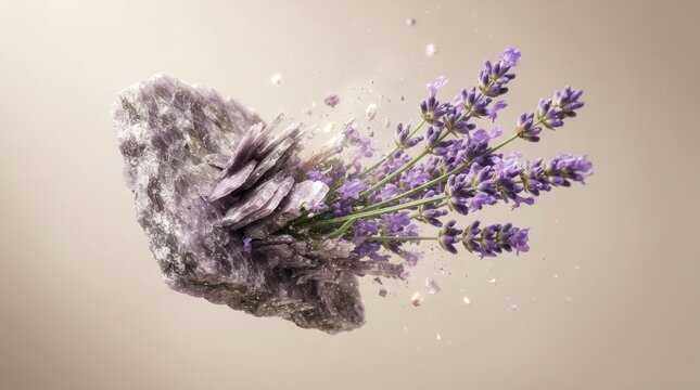 Lavender flowers growing from a purple lepidolite crystal