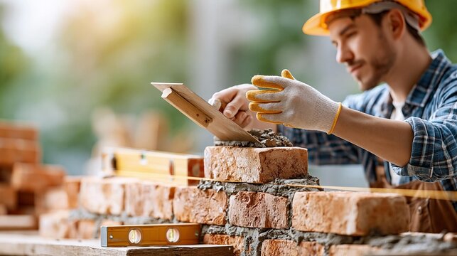 AI generator images of Professional bricklayer laying red clay bricks with mortar, using mason's trowel, spirit level and string line, building a straight brick wall, active construction site