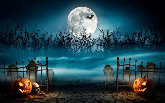 Spooky halloween night background with glowing pumpkins in a graveyard under a large full moon
