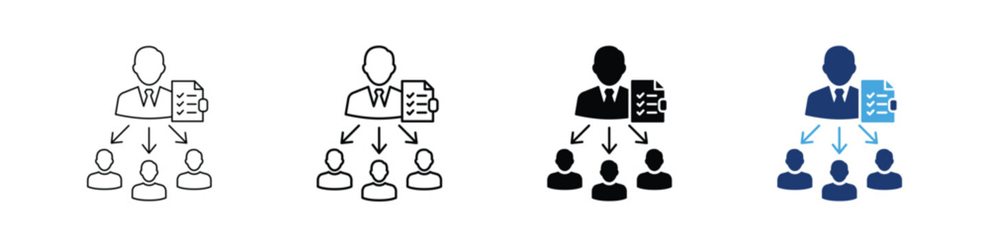Delegation Icon Set, Manager Assigning Tasks with Checklist to Team, Leadership and Work Distribution Graphics