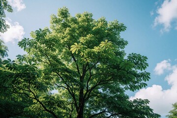 Fototapeta premium Lush green leaves of a large centennial chestnut tree reach towards a bright blue sky with white clouds. Sunlight filters through the branches creating dappled patterns on the foliage.