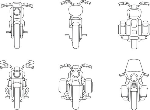 Motorcycle front view lineart icon set, vintage chopper cruiser motorbike schematic outline blueprint vector illustration