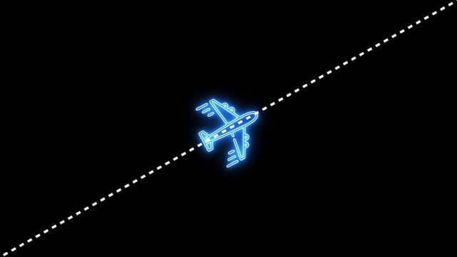 Neon airplane flying along dotted flight path animation on black background, travel aviation
