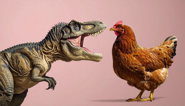 Tyrannosaurus Rex and Chicken Confrontation: Evolutionary Link Concept on Pink Background