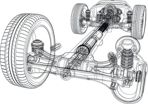 Car chassis wireframe vector illustration, automotive suspension drivetrain 3D CAD schematic blueprint engineering technical design