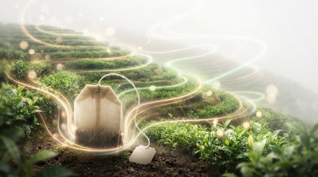 Tea bag in tea plantation with glowing light trails
