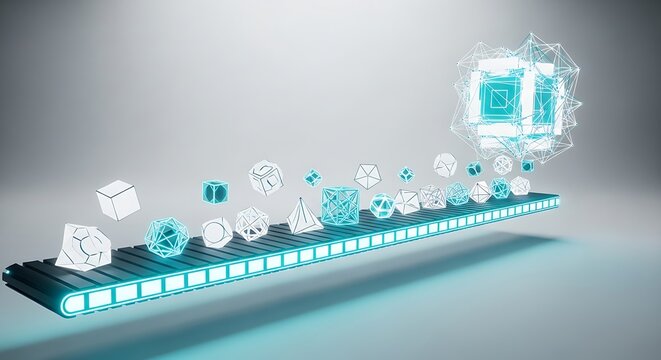 Wireframe geometric solids on a conveyor belt a 3d rendering with a light gray background