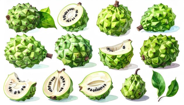 Diverse collection of segmented and whole custard apples, some with leaves