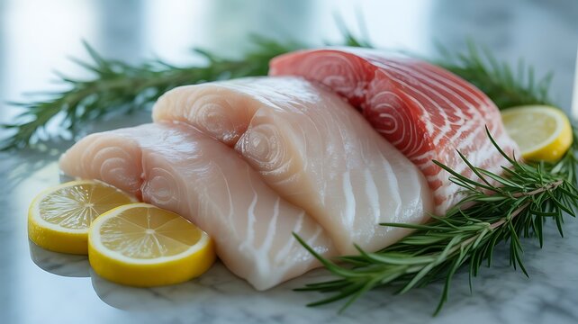 Raw fresh fish fillets including white fish and salmon arranged on a marble surface with sprigs of green rosemary and slices of yellow lemon fruit