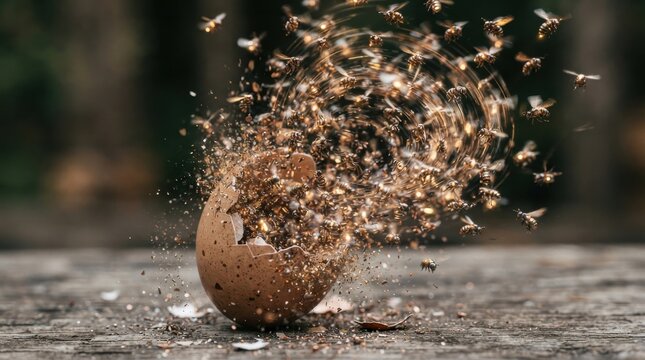Broken egg with swarm of bees emerging