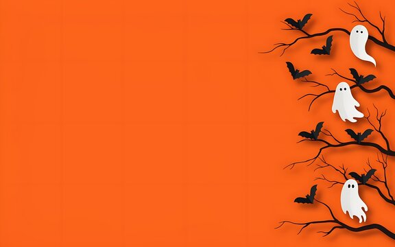 Cute cartoon ghosts and black bats on halloween branches against a vibrant orange background