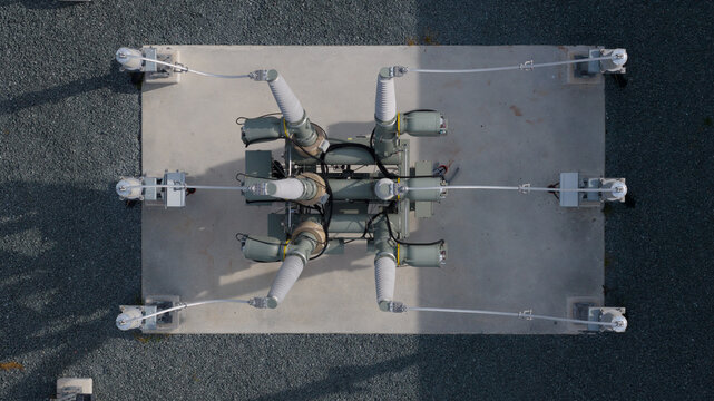 Aerial view of High Voltage Circuit Breaker in Electrical Substation