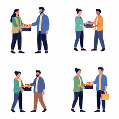 Obraz premium Flat vector illustrations of men and women sharing a toolbox, giving and receiving work equipment, isolated on white background.