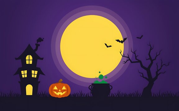 Spooky halloween night background with a haunted house pumpkin and full moon in purple sky