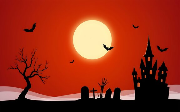 Spooky halloween background featuring a haunted castle silhouette under a large full moon and red sky