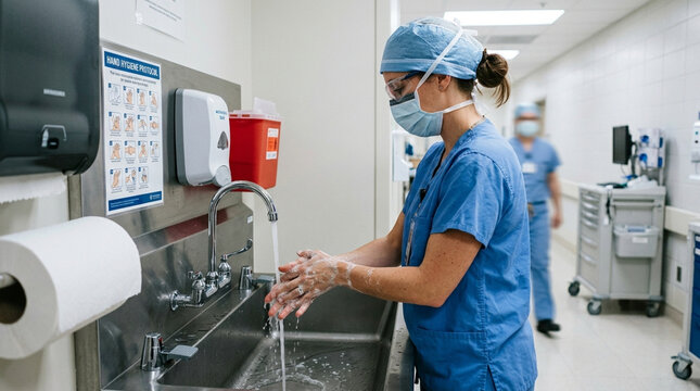 Nurse washing hands with soap and water at hospital sink, hygiene protocol