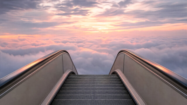 Escalator seemingly leading into a serene, colorful sky at sunrise.