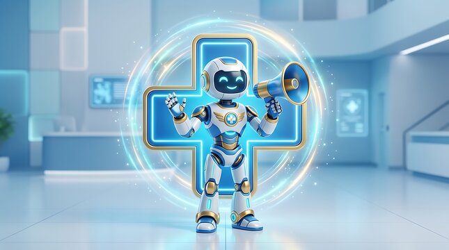 Futuristic medical robot holding megaphone, friendly AI healthcare assistant in modern clinic, blue glowing cross symbol with robotic character