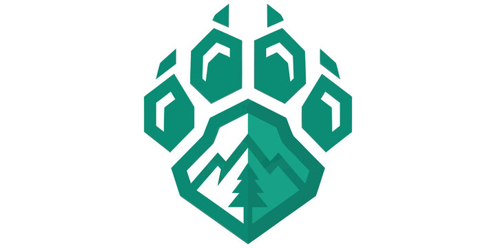 Green animal paw print with mountain and tree landscape inside isolated on transparent background