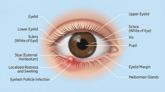 Detailed anatomical illustration of an external hordeolum stye affecting the lower eyelid with labels for localized redness, swelling, and eyelash follicle infection on a blue background.