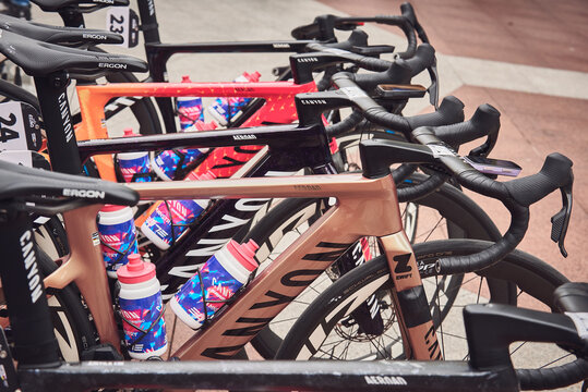 Close-up of several Canyon Aeroad road racing bicycles lined up at the Itzulia cycling event in the Basque Country, Spain. 