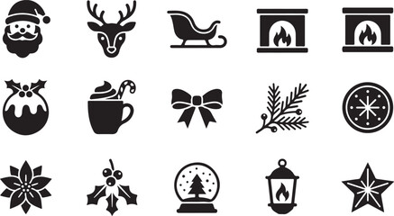 Set of black christmas icons including santa reindeer sleigh fireplace and holiday decorations © OMESA