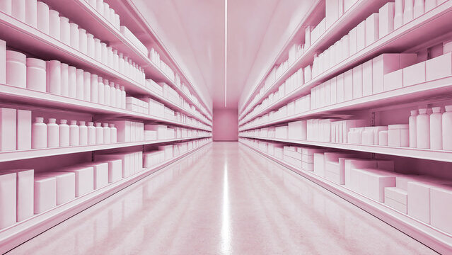 Monochromatic pink supermarket aisle with neatly arranged shelves.