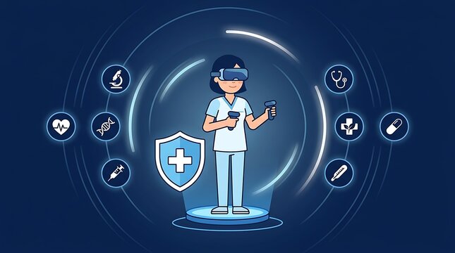 Virtual reality medical training illustration, female doctor wearing VR headset with digital healthcare icons, futuristic telemedicine concept