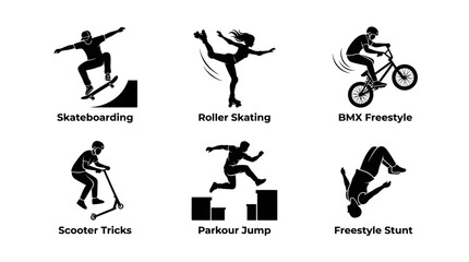 Fototapeta premium Action extreme sports silhouettes with descriptive labels.