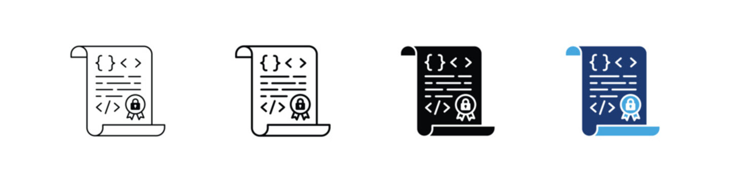 Smart Contract Icon Set, Digital Document with Code Brackets and Security Lock Symbol, Blockchain Technology and Cyber Security Agreement Graphics