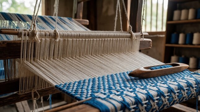 Old wooden loom processes blue, white cotton threads in workshop. Close up view of textile machine with shuttle makes fabric. Artisan craft tools create handmade woven cloth. Equipment for