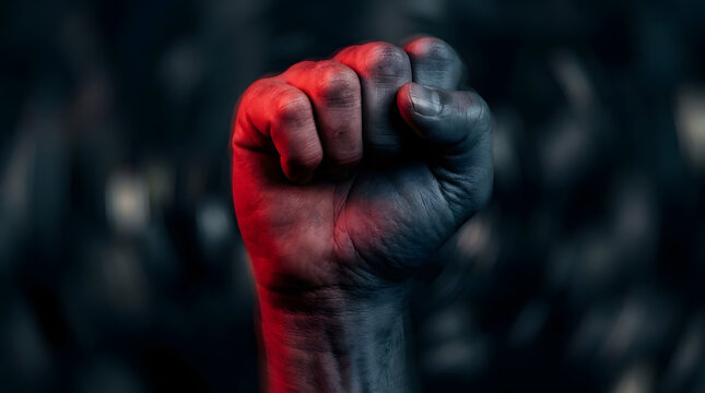 A clenched fist raised in protest with dramatic red and blue lighting against a dark blurred background