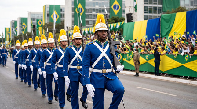 Elite Brazilian ceremonial troops marching in perfect alignment during a September 7 Independence Day parade, monumental civic avenue decorated with green, yellow, blue and white banners
