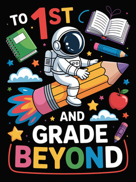 A playful astronaut rides a giant pencil, surrounded by colorful educational elements.