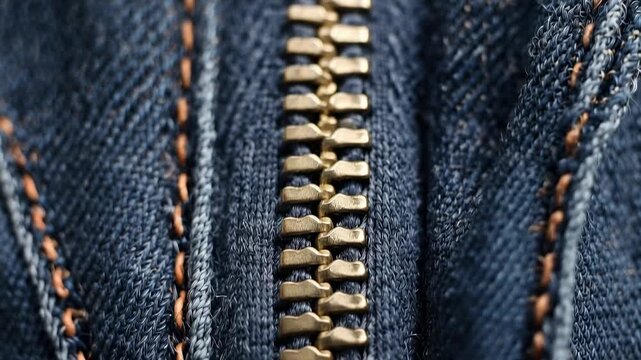 Macro tracking shot of zipper sliding open along denim jeans pocket seam on casual garment showing brass teeth and textured blue fabric in intimate everyday detail