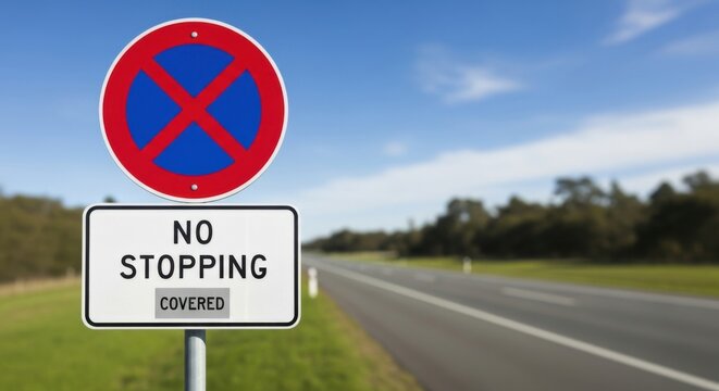 No Stopping Sign On A Scenic Road With Blue Sky