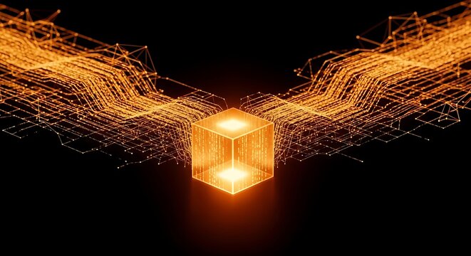 Illuminated cube with glowing network lines a futuristic 3d rendering on black background geometric three dimensional