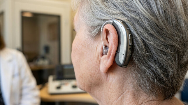 Senior woman with hearing aid during audiology exam