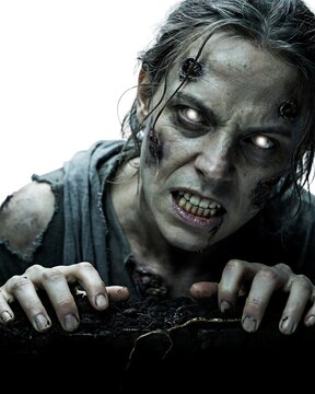 Close up portrait of a terrifying female zombie with glowing eyes and dirty weathered skin