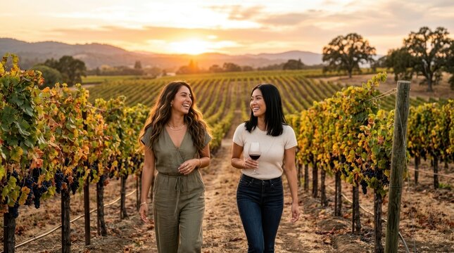Two women enjoying a wine tasting walk through a vineyard at sunset
