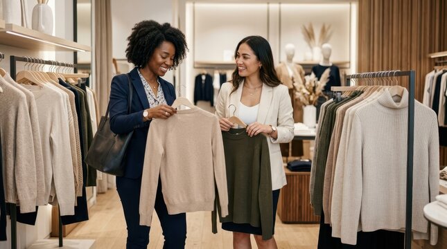 Two women happily shopping for sweaters in a modern clothing boutique