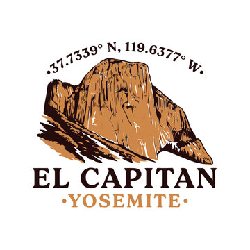 El Capitan Yosemite Vintage style Vector Illustration With Geographic Coordinates
