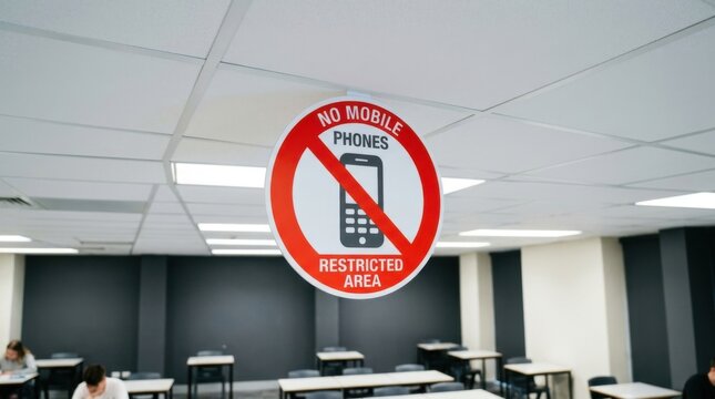 No Mobile Phones Restricted Area Sign Hanging In An Empty Classroom