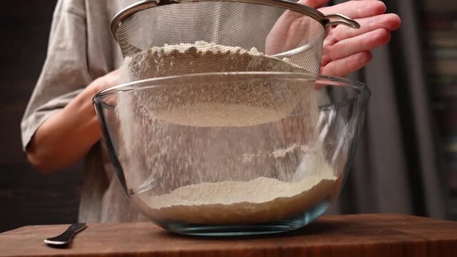 Close-up of flour being sifted through a sieve, slow motion.
