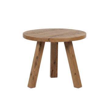 A rustic round wooden side table, natural wood grain, splayed legs, isolated on a transparent background, showcasing clean studio product photography aesthetic
