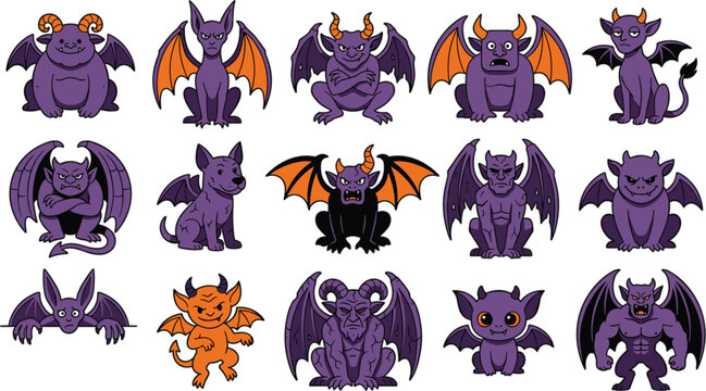 Set of cute cartoon gargoyles and demons