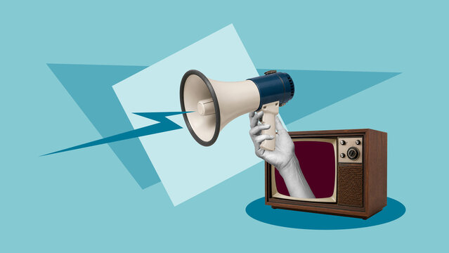 Public Announcement and Broadcast Communication Concept with Megaphone Emerging from Vintage Television, Mass Media, Public Relations, Marketing Campaign and Important Message