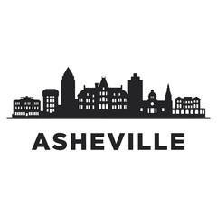 Naklejka premium Asheville cityscape silhouette against a white background with bold lettering