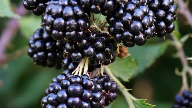 Tracking pan shot of ripe blackberry clusters swaying on thorny bramble bush in garden close up under soft natural daylight, green background